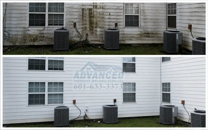 Before and after apartment complex cleaning showing mildew and dirt removed from a multi-unit property