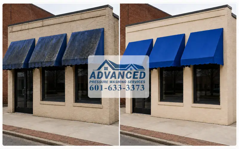 Before and after commercial awning cleaning removing stains and mildew in Central Mississippi