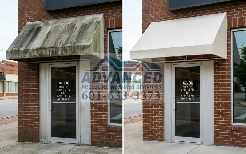 Commercial awning cleaning for stained and weathered awnings in Central Mississippi