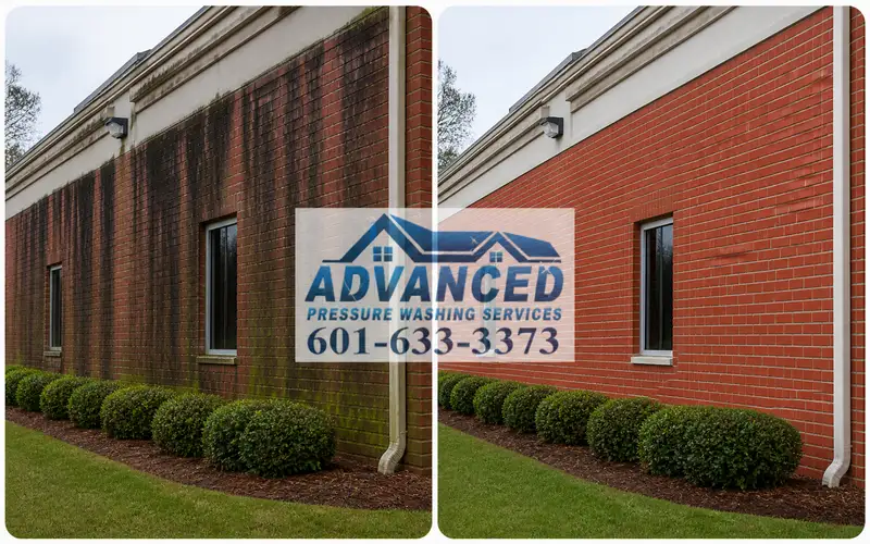 Before and after commercial building washing showing storefront exterior cleaning in Jackson MS