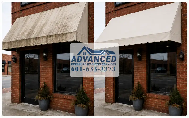 Commercial awning soft washing for a storefront in Central Mississippi
