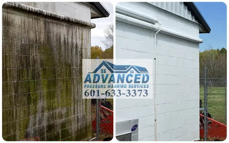 Commercial building soft washing in Jackson MS for storefront and exterior wall cleaning