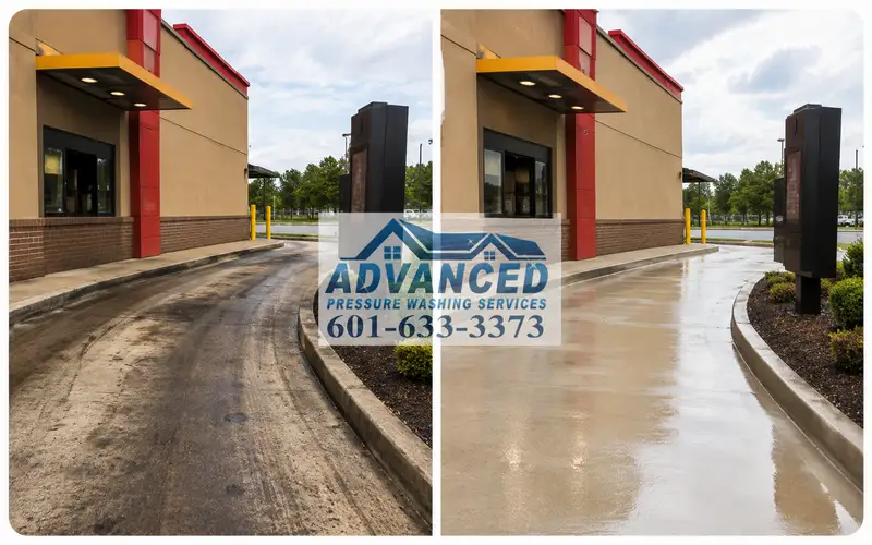 Before and after drive-thru cleaning showing grease stain and tire mark removal in Brandon MS