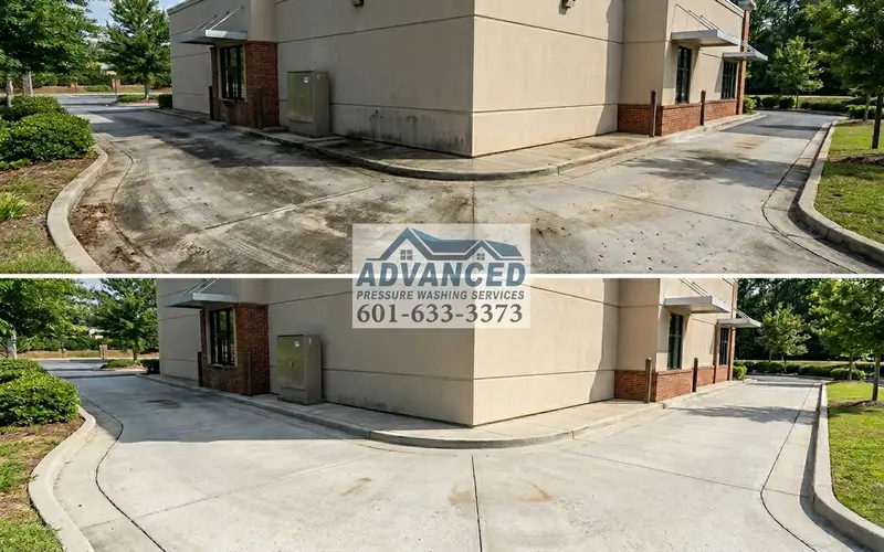 Drive-thru lane pressure washing for restaurant concrete and service areas in Brandon MS