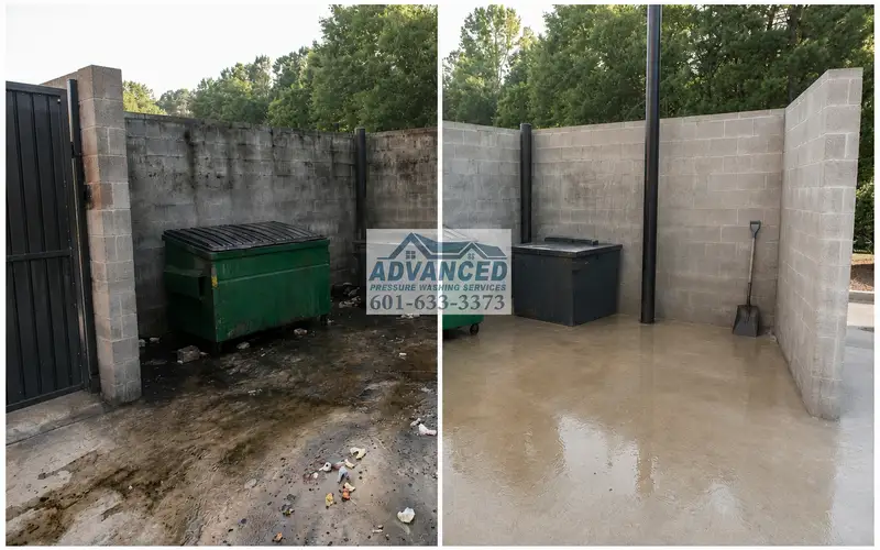 Before and after dumpster pad cleaning showing grease removal and improved sanitation