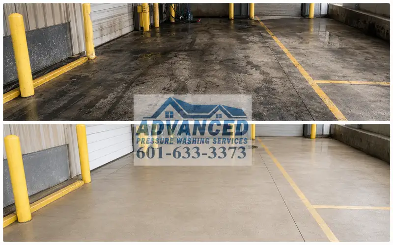 Before and after industrial cleaning showing grease buildup removed from concrete