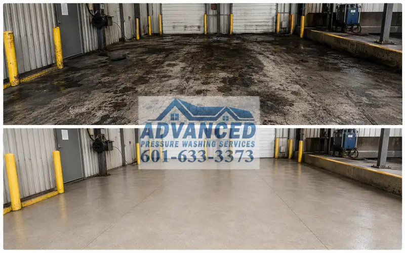 Industrial hot water pressure washing for exterior concrete and service areas in Mississippi