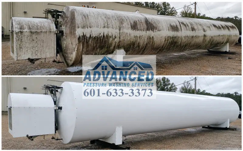Before and after industrial tank exterior cleaning showing stains and grime removed