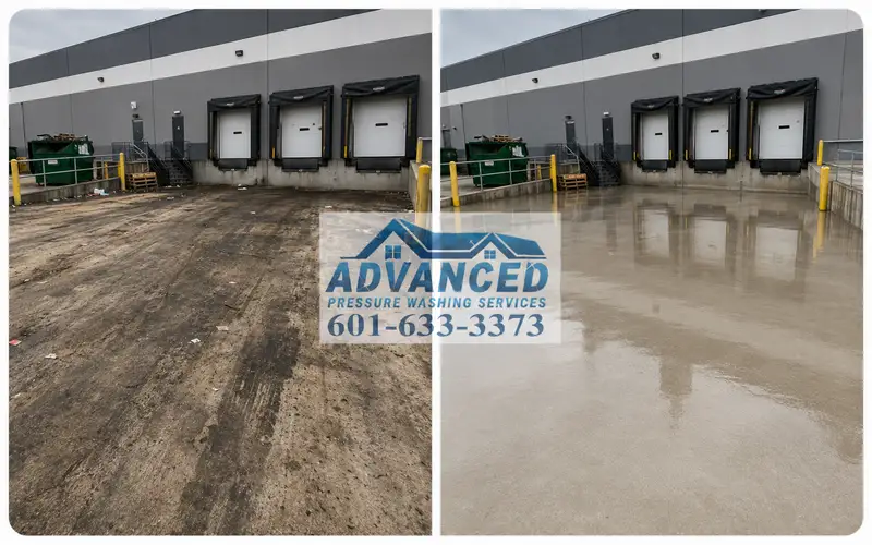 Before and after loading dock cleaning showing grease buildup and service area grime removed