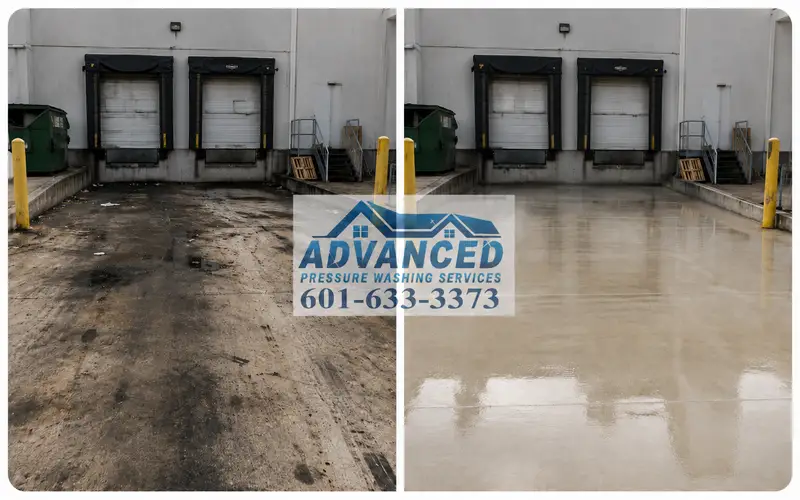 Loading dock pressure washing cleaning grease and heavy buildup in Brandon MS