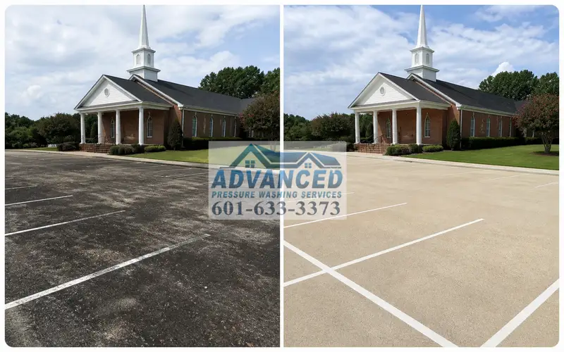 Before and after parking lot cleaning showing commercial flatwork pressure washing results