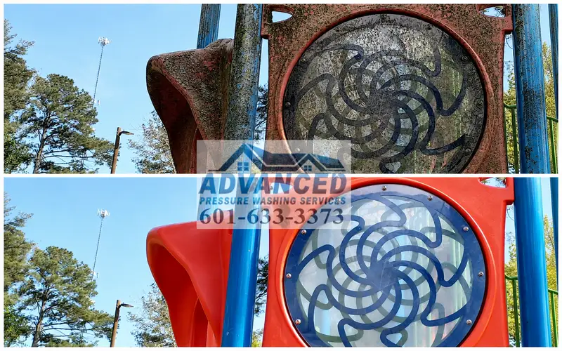 Before and after playground cleaning showing algae dirt and surface buildup removed