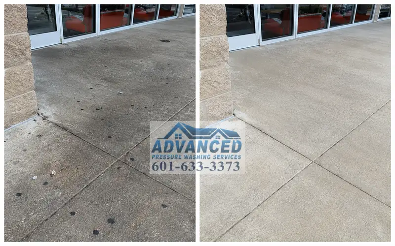 Before and after restaurant exterior sidewalk cleaning for grease stains and dirty concrete in Central Mississippi