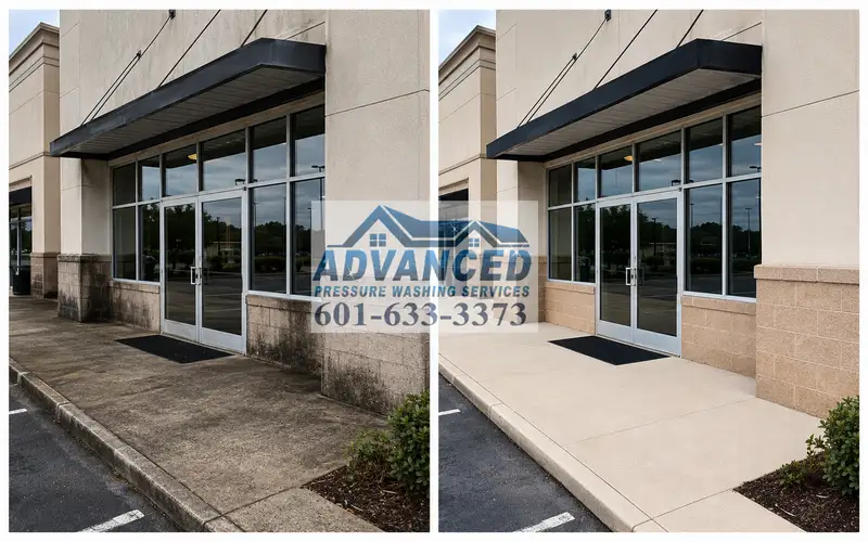 Restaurant storefront exterior cleaning for sidewalks and entrance areas in Central Mississippi