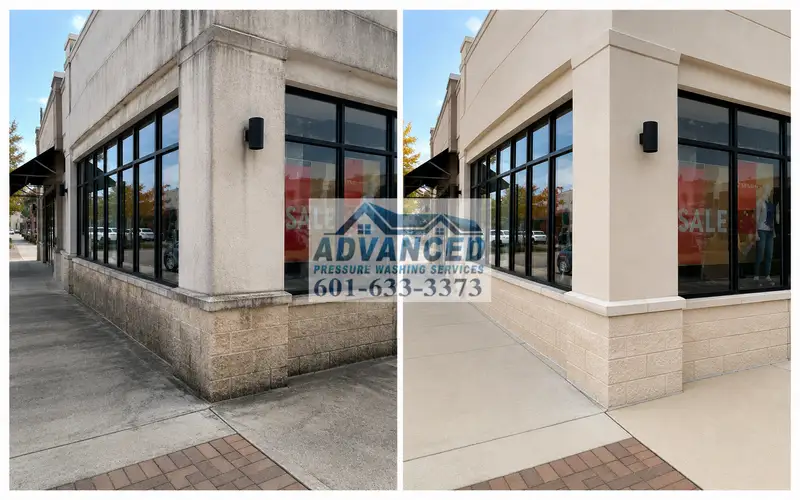 Before and after shopping center walkway cleaning showing commercial flatwork pressure washing results