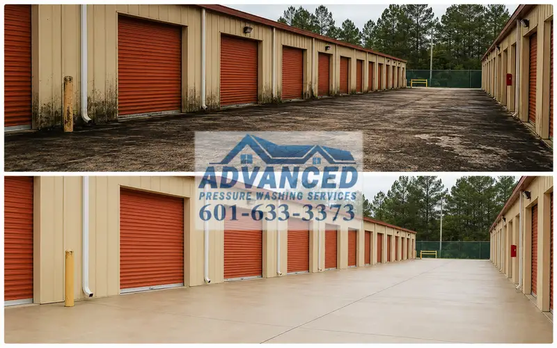 Before and after storage facility concrete cleaning showing dirty drive lanes restored