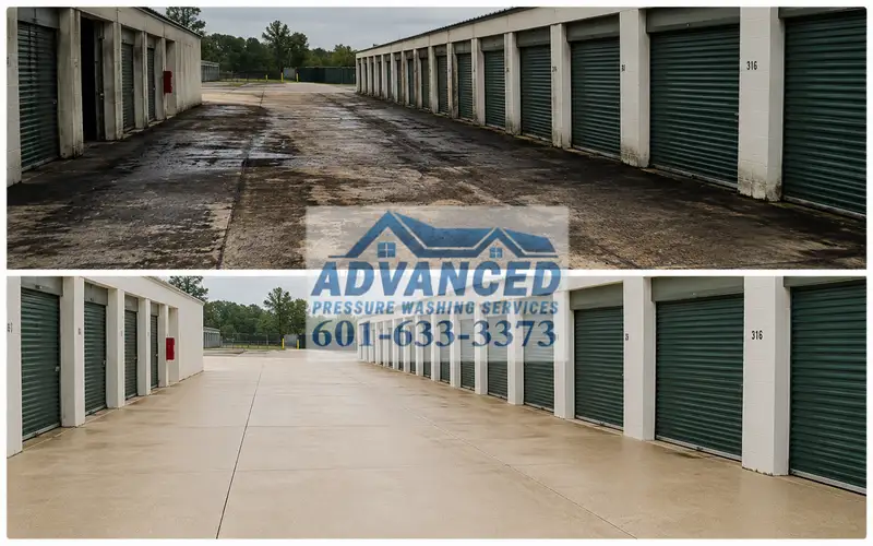 Storage facility pressure washing for roll-up doors buildings and drive lanes in Central Mississippi