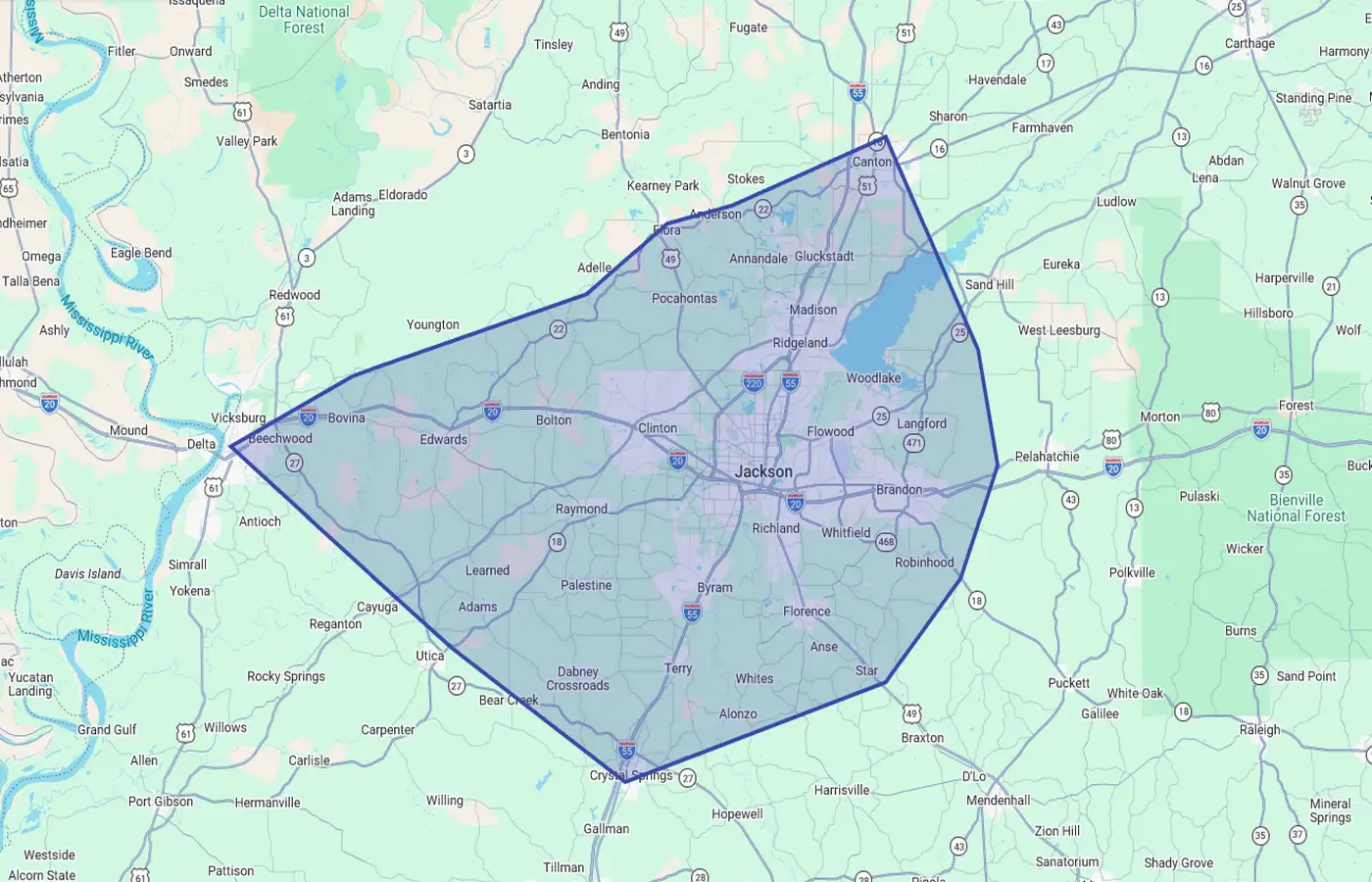 Central Mississippi pressure washing service area map showing Jackson Raymond Brandon Madison Ridgeland Flowood Pearl Clinton Byram Florence Terry Vicksburg and nearby communities
