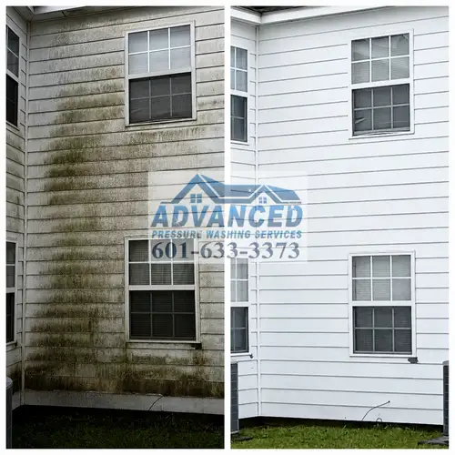 Before and after apartment building exterior cleaning in Central Mississippi