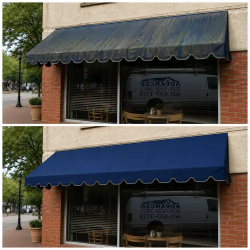 Before and after commercial awning cleaning showing mildew and staining removed in Central Mississippi
