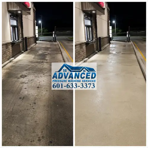 Before and after drive-thru cleaning showing restaurant concrete cleaning in Brandon MS