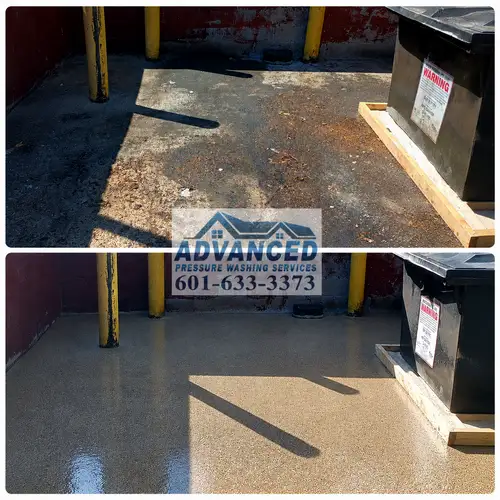 Before and after dumpster pad cleaning showing grease and buildup removed in Brandon MS