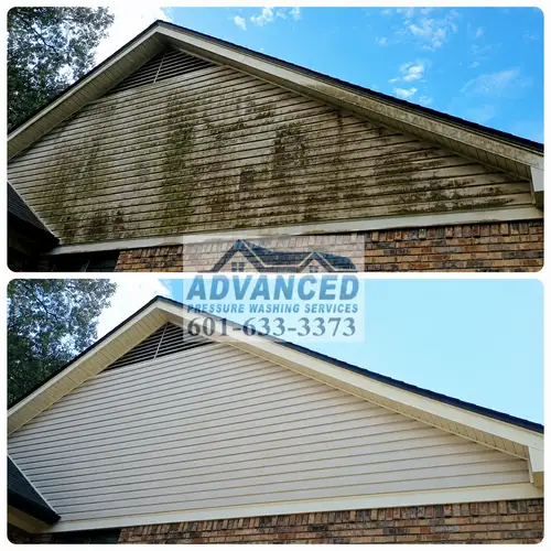 Before and after house washing showing mildew and algae removed from siding in Brandon MS