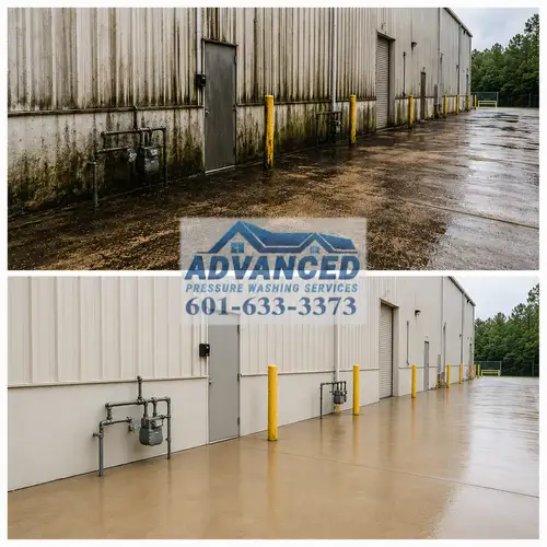 Before and after industrial cleaning showing heavy exterior buildup removed in Central Mississippi