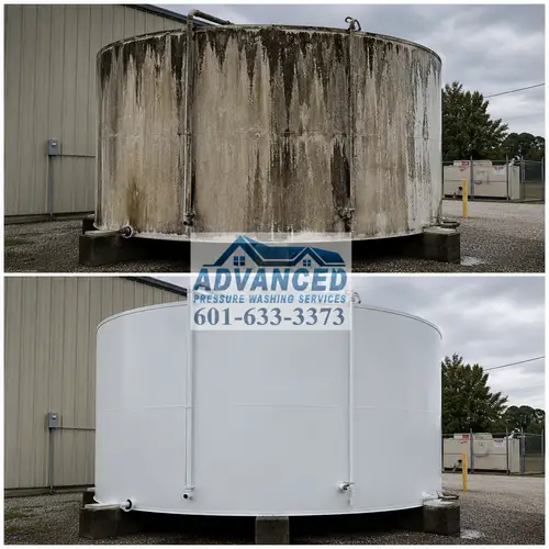 Before and after industrial tank exterior cleaning showing staining and grime removed in Central Mississippi