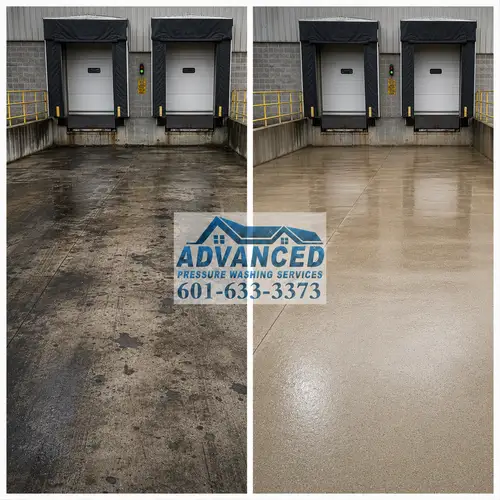 Before and after loading dock cleaning showing grease and industrial buildup removed in Central Mississippi