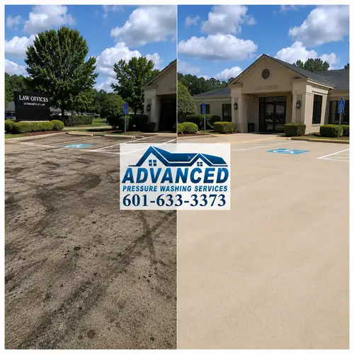 Before and after parking lot cleaning showing commercial concrete cleaning in Madison MS