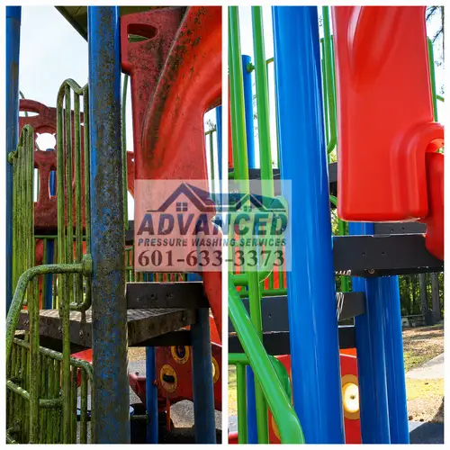 Before and after playground cleaning showing play equipment and surface buildup removed in Central Mississippi