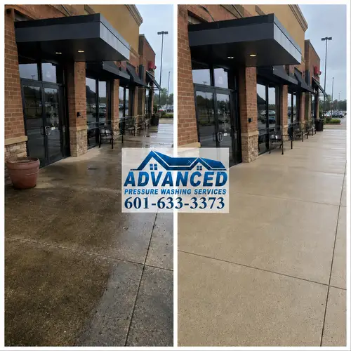 Before and after restaurant exterior cleaning for entrance and sidewalk areas in Brandon MS