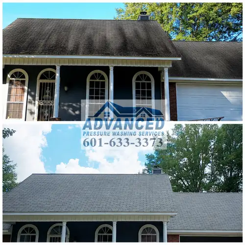 Before and after roof cleaning showing black streaks removed from shingles in Central Mississippi