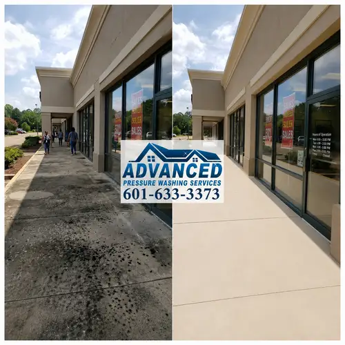 Before and after shopping center exterior cleaning for storefronts and walkways in Central Mississippi