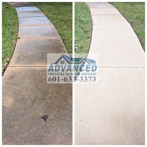 Before and after sidewalk concrete cleaning showing surface cleaning results in Jackson MS