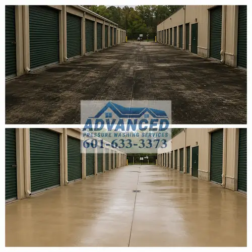 Before and after storage facility cleaning for roll-up doors drive lanes and concrete in Central Mississippi