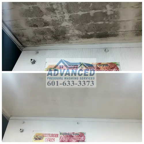 Before and after storefront cleaning showing entry and exterior surface improvement in Central Mississippi