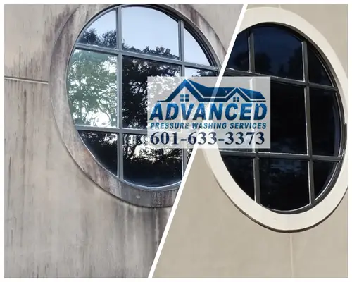 Before and after stucco soft washing showing staining and mildew removed in Central Mississippi