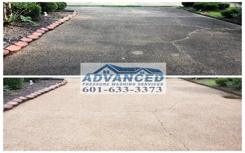 Driveway pressure washing removing dark stains from concrete in Madison MS