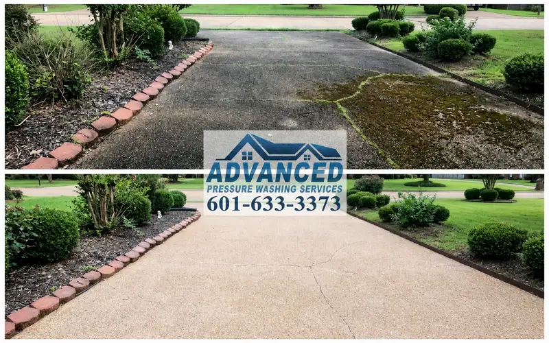 Concrete driveway pressure washing in Madison MS removing dirt and surface buildup