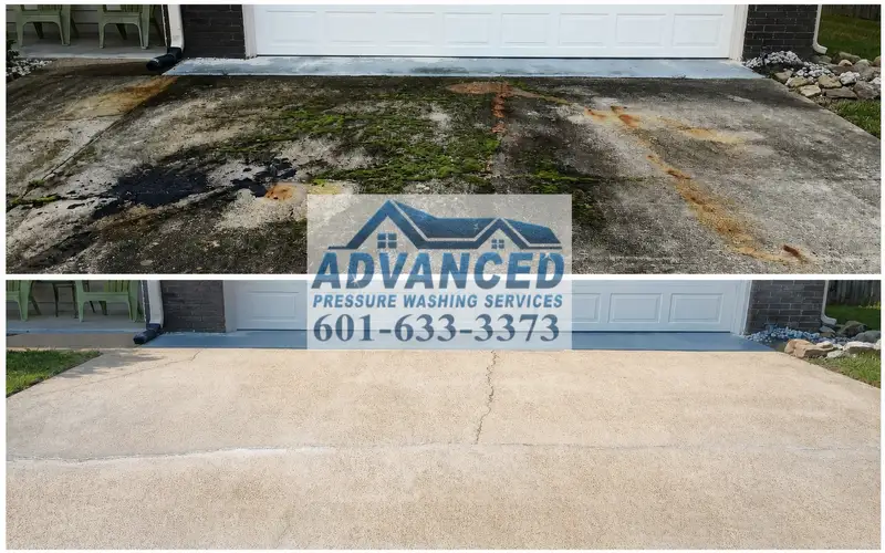 Before and after driveway cleaning for oil stain removal and concrete washing in Madison MS