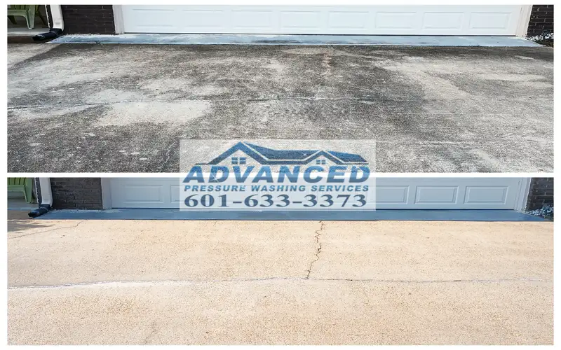 Driveway pressure washing removing dark stains from concrete in Madison MS
