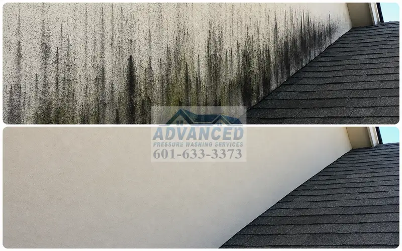 Before and after stucco cleaning showing mildew stain removal in Madison MS