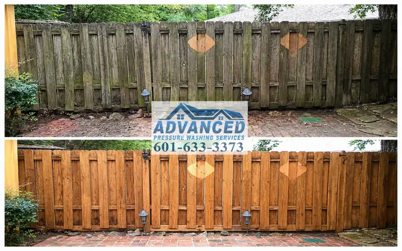 Before and after wood restoration showing a weathered deck cleaned in Raymond MS