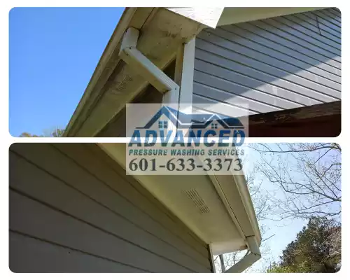 examle of house soft washing service used to clean soffits on the neglected house by advanced pressure washing services llc 601-633-3373