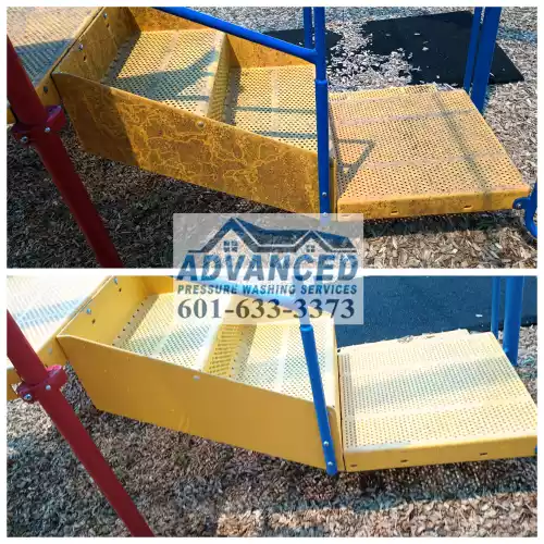 Before and after of playground equipment pressure washing service