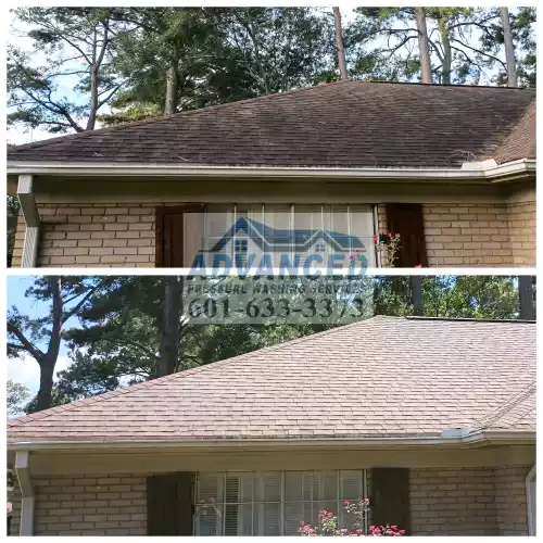 In the "before" photos, we see a roof plagued by years of neglect and environmental wear. Dark streaks and patches mar the shingles, creating an unsightly and aged appearance. The once-uniform color of the roofing material has been overshadowed by a buildup of algae, moss, and other organic matter. This accumulation not only detracts from the home's aesthetics but can also lead to premature roof deterioration if left untreated. The "after" images reveal a roof that looks practically brand new. Through the application of specialized soft washing techniques, the cleaning service has gently yet effectively removed all traces of biological growth and staining. The rejuvenated shingles now display a consistent, clean color that complements the brick exterior and surrounding landscape.