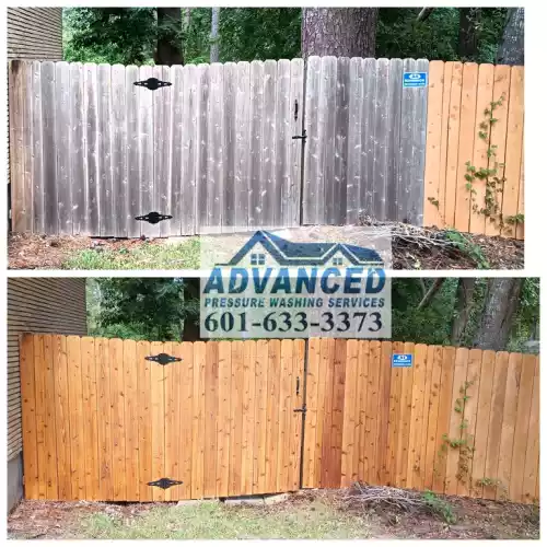 Dramatic transformation of a weathered wooden fence by Advanced Pressure Washing Services. Before: A dilapidated, gray fence showing signs of age, mold, and mildew. After: The same fence restored to its original golden hue, showcasing the power of professional wood cleaning and restoration. Advanced Pressure Washing Services' expert techniques remove years of grime, algae, and environmental damage, revitalizing the natural wood grain and extending the life of outdoor structures. This side-by-side comparison highlights the effectiveness of their fence cleaning, deck restoration, and exterior wood maintenance services. The vibrant result demonstrates how pressure washing can enhance curb appeal and protect valuable wooden assets. Contact Advanced Pressure Washing Services at 601-633-3373 for expert wood cleaning, sealing, and preservation services.