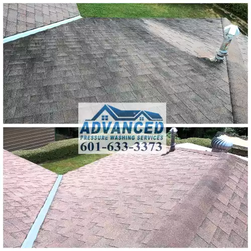 Roof before and after professional cleaning service. Top image shows a dirty, stained asphalt shingle roof with dark streaks and discoloration. Bottom image displays the same roof after thorough cleaning, revealing restored gray shingles free of algae, moss, and debris. The transformation highlights the effectiveness of professional roof washing in improving curb appeal and prolonging roof lifespan.